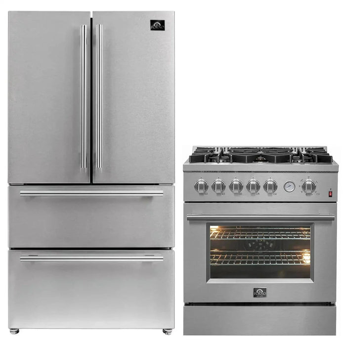 FORNO 2-Piece Appliance Package- 30" Gas Range, 36" French Door Refrigerator Stainless Steel FBDL-020-02-US