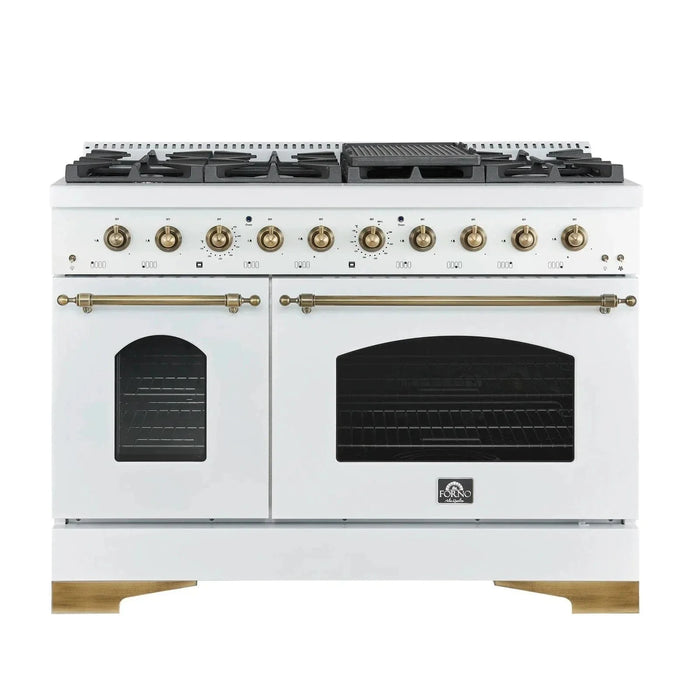 Forno Antico 48"Gas Range 8 Gas Burner Cooktop, Gas Convection Oven White, Antique Brass Trim, FFSGS6219-48WHT