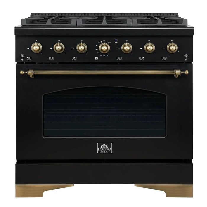 Forno Antico 36" Dual Fuel Range 6 Gas Burner Cooktop Electric Convection Oven Black Antique Brass Trim, FFSGS6113-36BLK