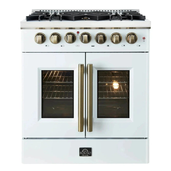 Forno Galiano 30"French Door Dual Fuel Range 5 Gas Burners, Electric Convection Oven White, Antique Brass Trim, FFSGS6356-30WHT