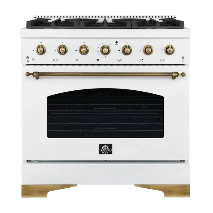 Forno Antico 36" Dual Fuel Range White and Antique Brass Design 6 Sealed Gas Burners Electric Convection Oven , FFSGS6113-36WHT