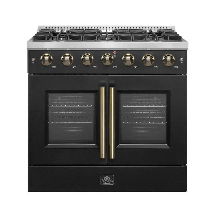 Forno Galiano 36." French Door All Gas Range, Black, Antique Brass Trim,FFSGS6444-36BLK