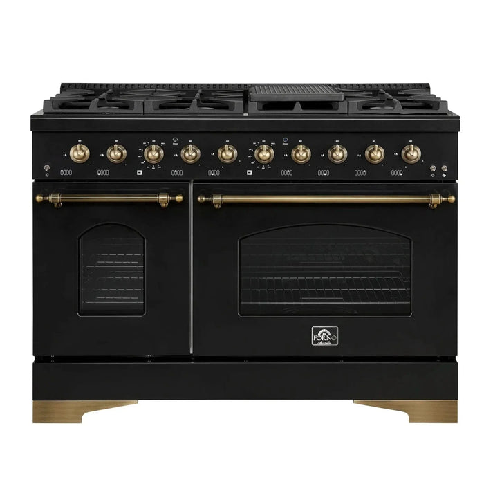 Forno Antico 48"Dual Range, 8 Gas Burner Cooktop, Electric Convection Oven Black, Antique Brass Trim, FFSGS6113-48BLK