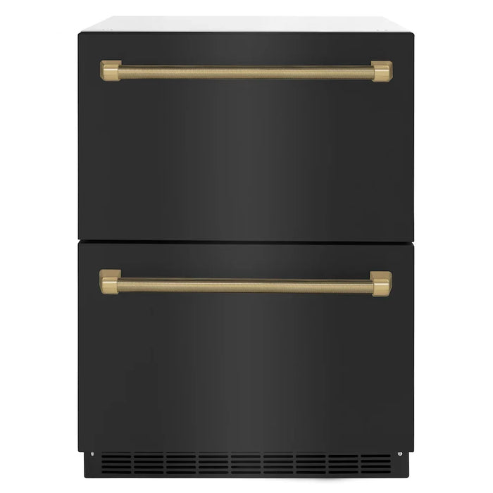 ZLINE Autograph Edition 24" Touchstone 168 Can Outdoor-Rated Dual Refrigerator Drawer, Black Stainless Steel Doors, Helix Handles RDSOZ-BS-24-KCB