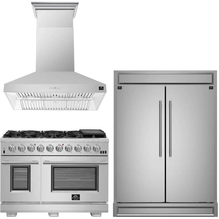 Forno Appliance Package - 48" Gas Range, Wall Mount Range Hood, 60" Refrigerator with Modern Grill Trim FBDL-019-07CAUS