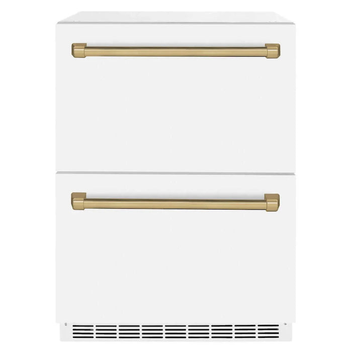 ZLINE Autograph Edition 24" Touchstone 168 Can Outdoor-Rated Dual Refrigerator Drawer, White Matte Door, Accents  RDSOZ-WM-24-CB