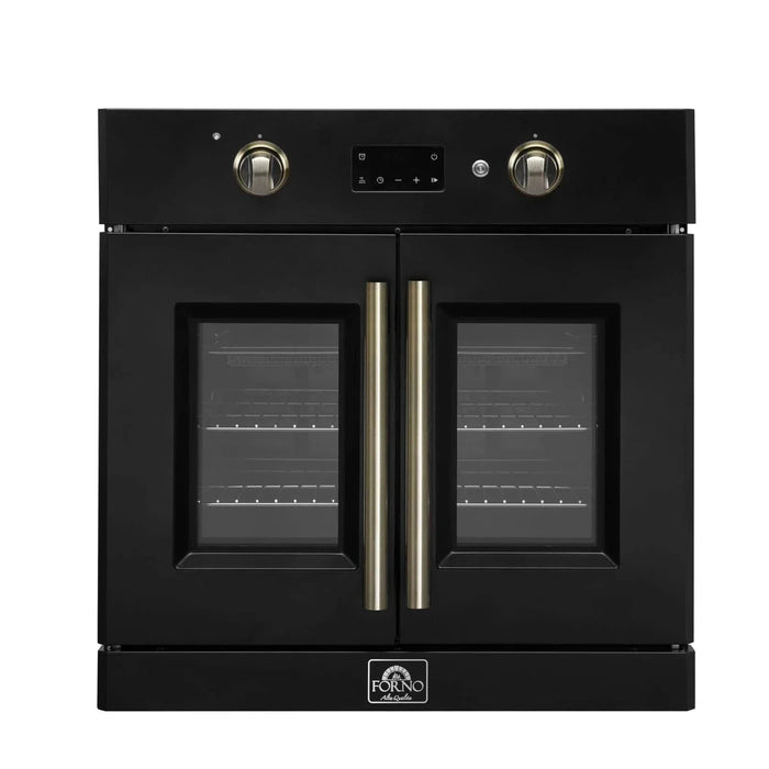 Forno Asti 30"French Door Electric Wall Oven in Black with Antique Brass Trim, FBOEL1333-30BLK