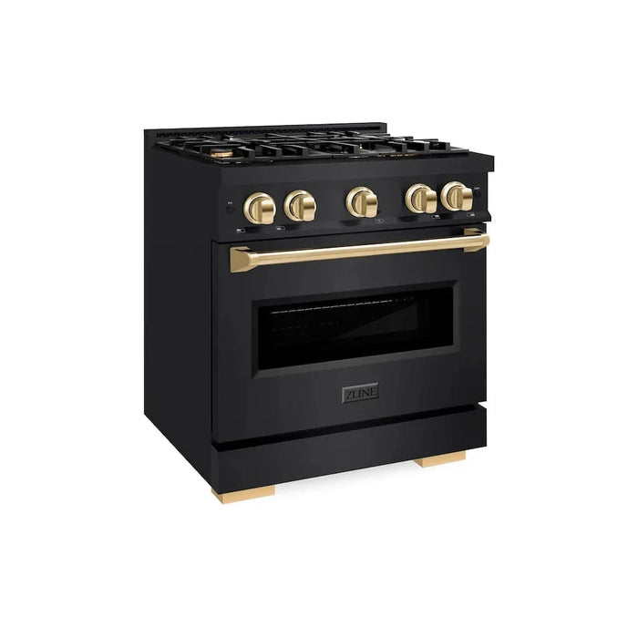 ZLINE 30" Dual Fuel Range, Gas Cooktop, Electric Convection Oven Black Stainless Steel, Gold CDRBZ-30-G
