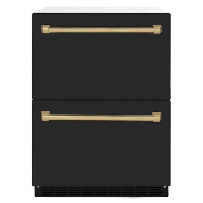ZLINE Autograph Edition 24" Touchstone 168 Can Outdoor-Rated Dual Refrigerator Drawer, Black Stainless Steel Door, Accents  RDSOZ-BS-24-CB