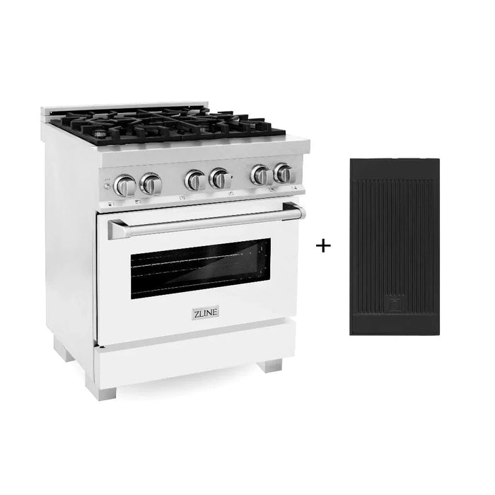 ZLINE 30" Dual Fuel Range, DuraSnow, Stainless, White Matte Door, Griddle RAS-WM-GR-30
