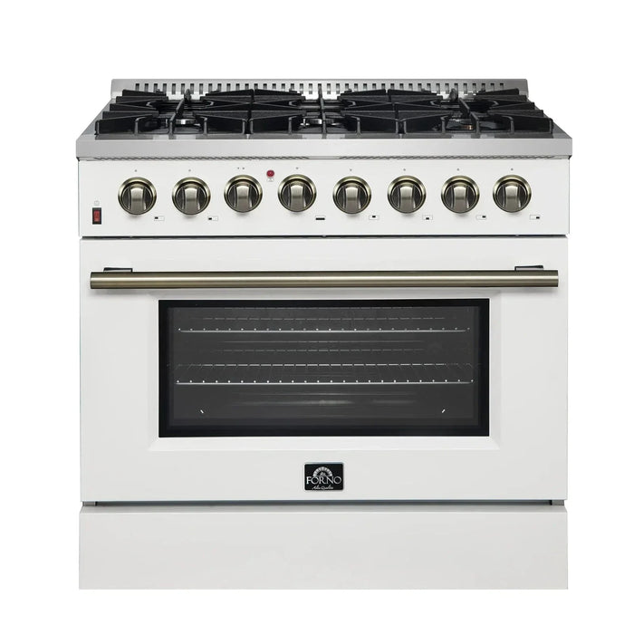 Forno Galiano Gold Professional - 36"Freestanding Dual Fuel Range Gas Stove, Electric Oven White, Antique Brass Trim, FFSGS6156-36WHT