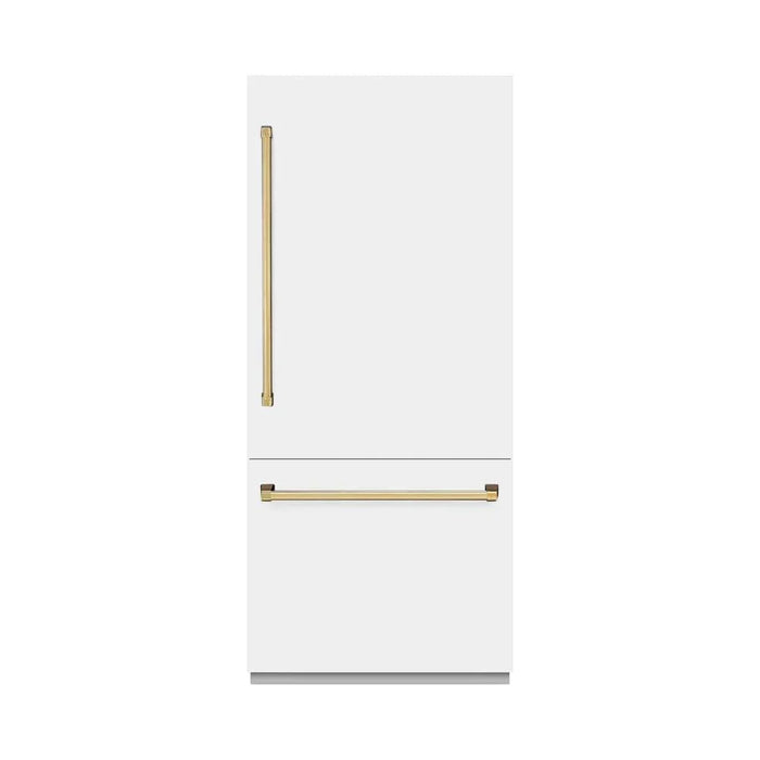 ZLINE 36" Built-In Bottom Freezer Refrigerator,Water Dispenser, Ice Maker, White Matte Polished Gold RBITZ-WM-36-G09K