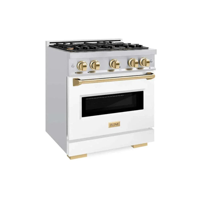 ZLINE 30" Classic Gas Range, Convection Gas Oven Stainless Steel, White Matte Door Polished Gold CGRZ-WM-30-G