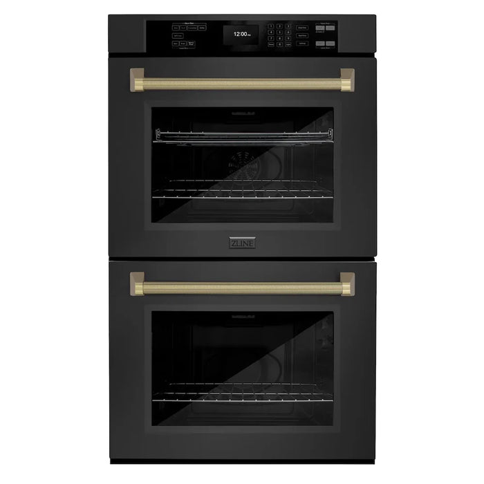 ZLINE Autograph Edition 30" Professional True Convection Double Wall Oven, Air Fry, Self Clean, Black Stainless Steel, Helix Handles WADBZ-30-KCB
