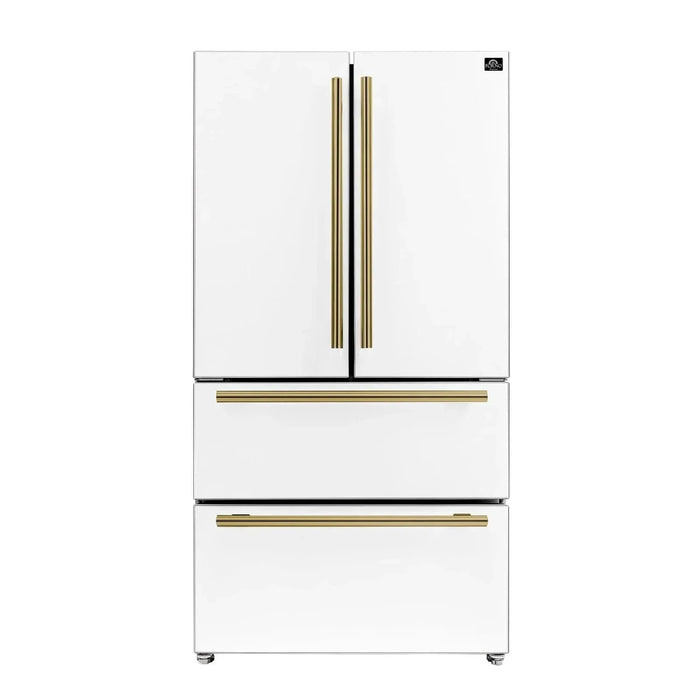 Forno Espresso Moena 36"French Door Refrigerator, White with Antique Brass Handle FFRBI1820-36WHT