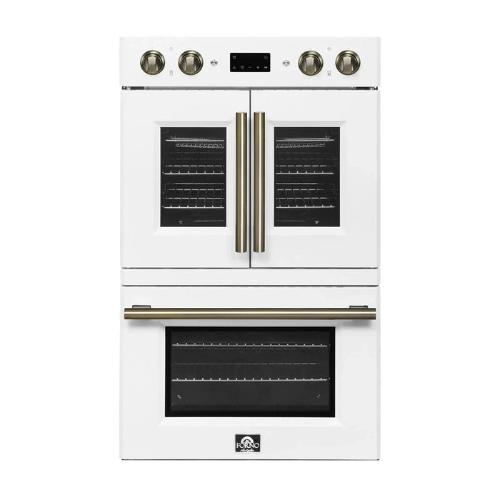 Forno Asti 30" Double Electric Wall Oven, Upper French Doors, White with Antique Brass Trim, FBOEL1340-30WHT