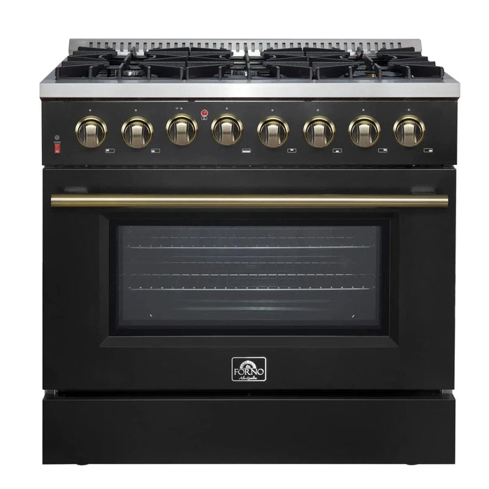 Forno Galiano Gold Professional - 36"Freestanding Dual Fuel Range Gas Stove, Electric Oven Black, Antique Brass Trim, FFSGS6156-36BLK
