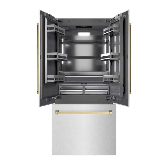 ZLINE 36" Built-In Bottom Freezer Refrigerator with Water Dispenser, Ice Maker, DuraSnow® Stainless Steel, Graphite Gray Interior, Champagne Bronze GRBIVZ-SN-36-CB09K