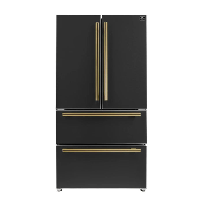 Forno Espresso Moena 36"French Door Refrigerator, Black with Antique Brass Handle FFRBI1820-36BLK