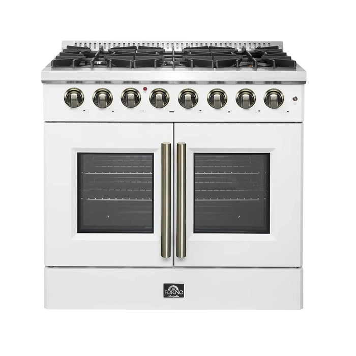 Forno Galiano 36"French DoorDual Fuel Range, Gas Stove, Electric Oven White, Antique Brass Trim, FFSGS6356-36WHT