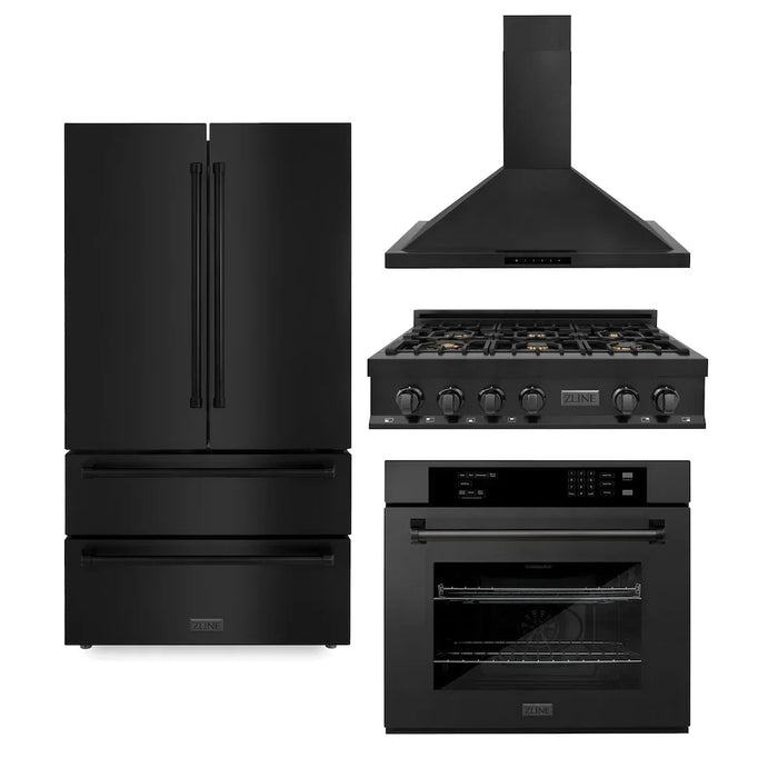 ZLINE Kitchen Package Refrigerator, Rangetop, Rangehood, Wall Oven, 4KPR-RTBRH36-AWS09K