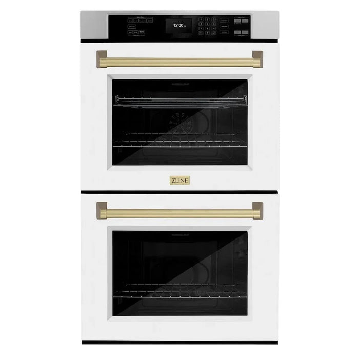 ZLINE 30"Professional True Convection Double Wall Oven, Air Fry, Self Clean, White Matte, Champagne Bronze WADZ-WM-30-CB