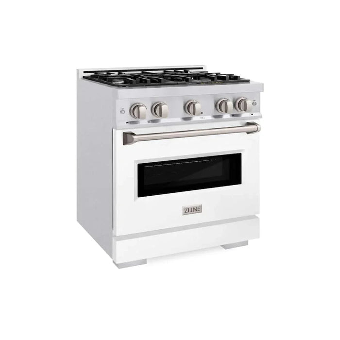 ZLINE 30" Dual Fuel Range, Gas Cooktop, Electric Convection Oven DuraSnow® Stainless Steel, White Matte Door CDRS-WM-30