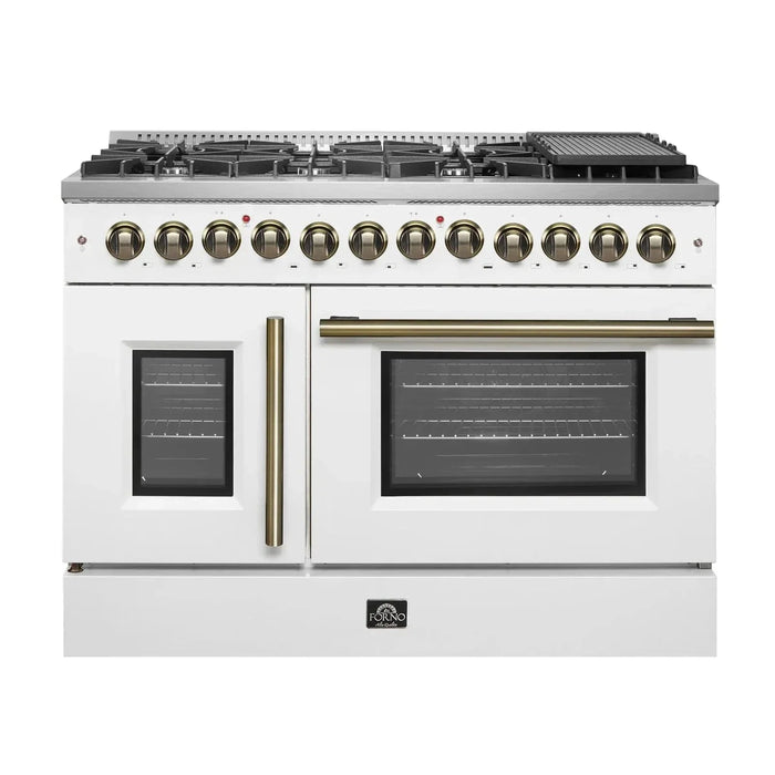 Forno Galiano 48" French Door Dual Fuel Range, 8 Burners, Electric Convection Oven, White Antique Brass Trim, FFSGS6356-48WHT