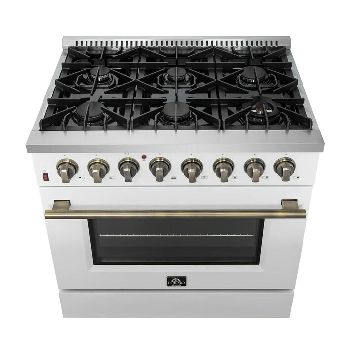 Forno Galiano Gold Professional - 36"Freestanding Dual Fuel Range Gas Stove, Electric Oven White, Antique Brass Trim, FFSGS6156-36WHT