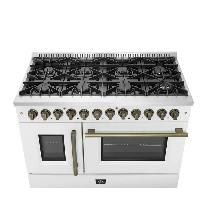 Forno Galiano 48" French Door Dual Fuel Range, 8 Burners, Electric Convection Oven, White Antique Brass Trim, FFSGS6356-48WHT