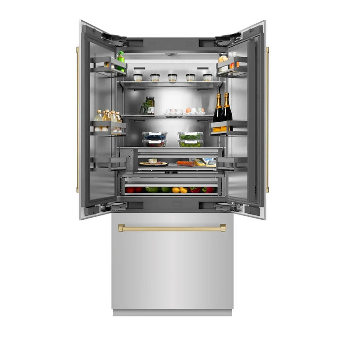 ZLINE 36" French Door Built-In Bottom Freezer Refrigerator, Water Dispenser, Ice Maker, Stainless Steel, Accents SRBIVZ-304-36CB09K