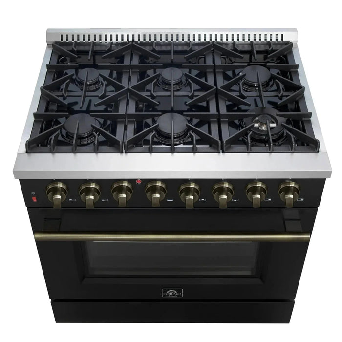 Forno Galiano Gold Professional - 36"Freestanding Dual Fuel Range Gas Stove, Electric Oven Black, Antique Brass Trim, FFSGS6156-36BLK
