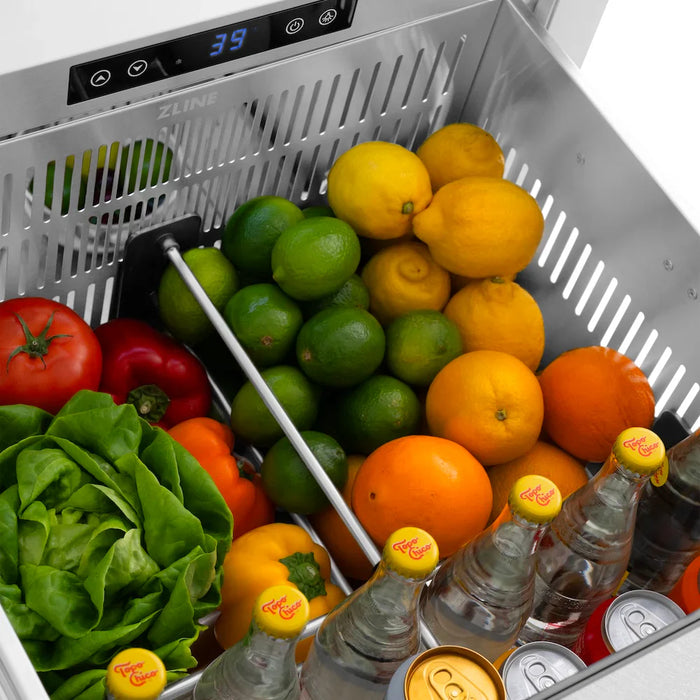 ZLINE Autograph Edition 24" Touchstone 168 Can Outdoor-Rated Dual Refrigerator Drawer, Satin Stainless Steel Door, Accents  RDSOZ-SN-24-CB