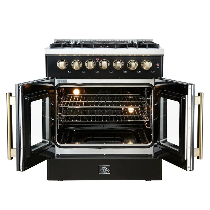 Forno Galiano 30"French Door Dual Fuel Range 5 Gas Burners, Electric Convection Oven Black, Antique Brass Trim, FFSGS6356-30BLK
