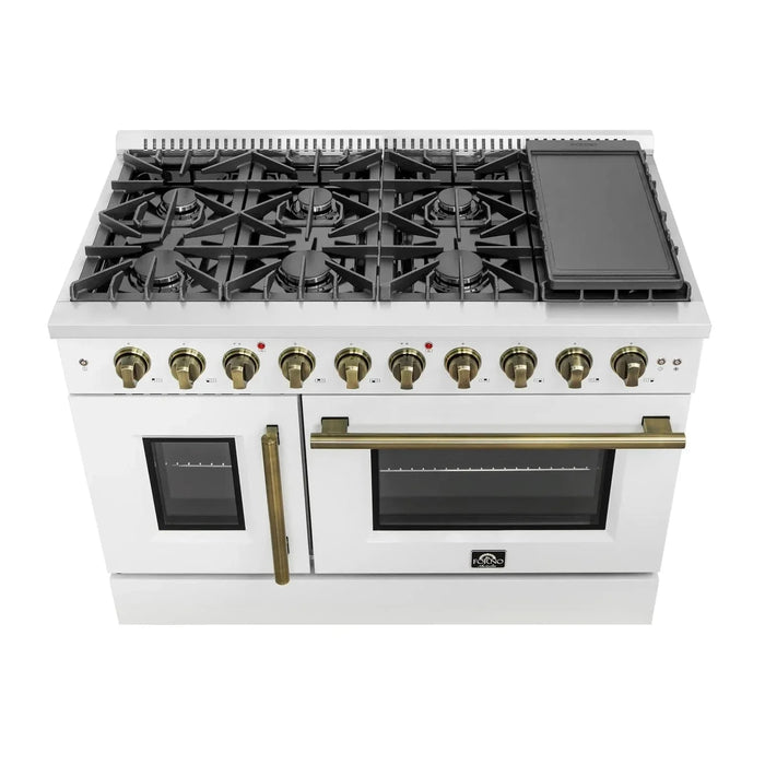 Forno Galiano 48"French Door Freestanding All Gas Range, White with Antique Brass Trim, FFSGS6444-48WHT