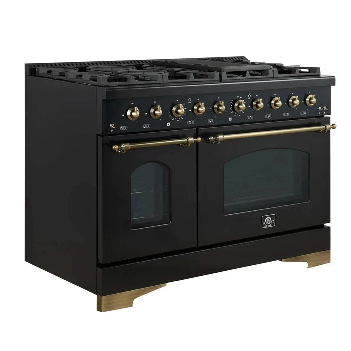 Forno Antico 48"Dual Range, 8 Gas Burner Cooktop, Electric Convection Oven Black, Antique Brass Trim, FFSGS6113-48BLK