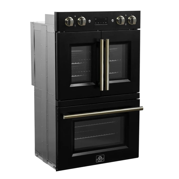 Forno Asti 30" Double Electric Wall Oven, Upper French Doors, Black with Antique Brass Trim, FBOEL1340-30BLK