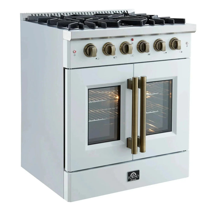 Forno Galiano 30" French Door Freestanding All Gas Range, White, Antique Brass Trim, FFSGS6444-30WHT