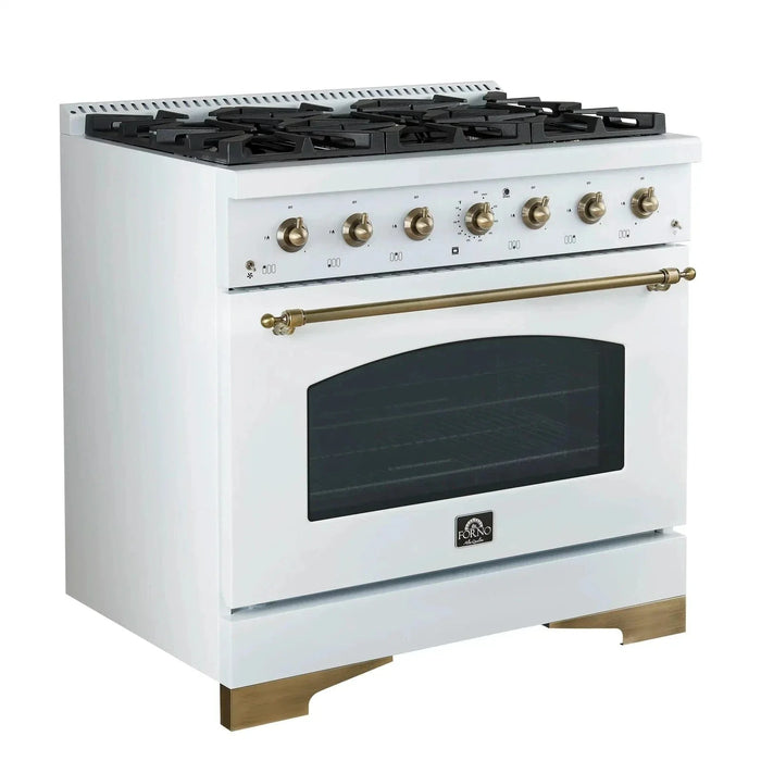 Forno Antico 36" Gas Range 6 Gas Burner Cooktop, Gas Convection Oven White, Antique Brass Trim, FFSGS6219-36WHT
