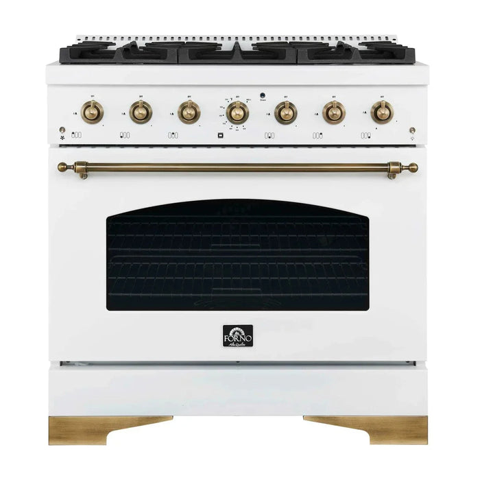 Forno Antico 36" Dual Fuel Range White and Antique Brass Design 6 Sealed Gas Burners Electric Convection Oven , FFSGS6113-36WHT