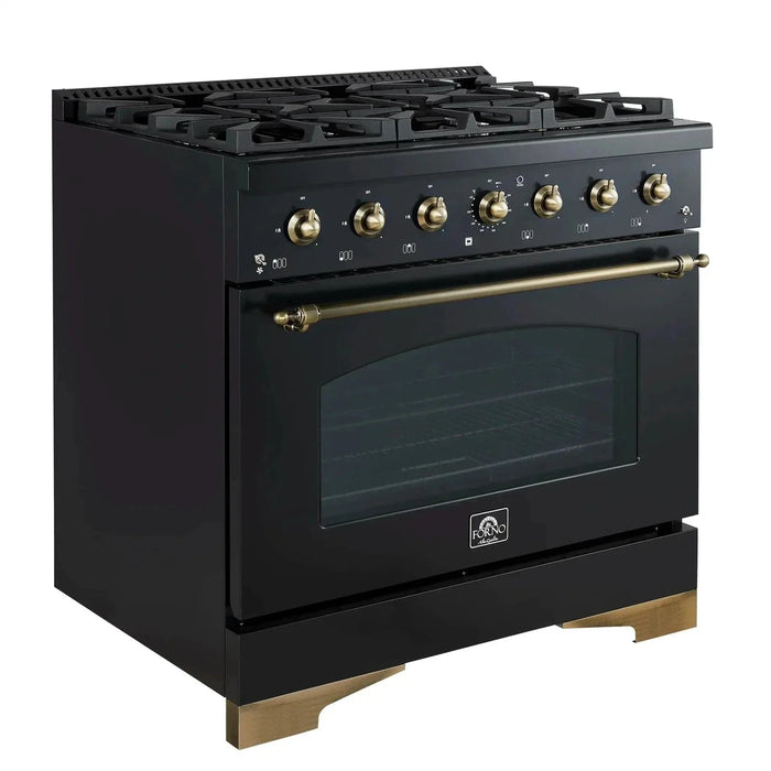 Forno Antico 36" Dual Fuel Range 6 Gas Burner Cooktop Electric Convection Oven Black Antique Brass Trim, FFSGS6113-36BLK