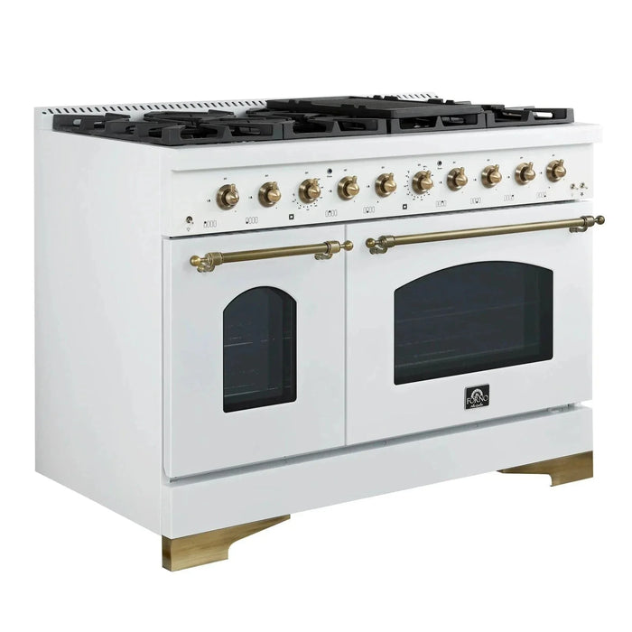 Forno Antico 48"Dual Range, 8 Gas Burner Cooktop, Electric Convection Oven White, Antique Brass Trim, FFSGS6113-48WHT