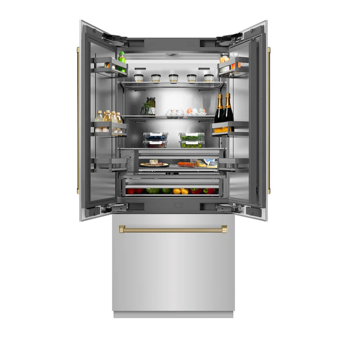 ZLINE Autograph Edition 36" French Door Built-In Bottom Freezer Refrigerator, Water Dispenser, Ice Maker, Stainless Steel, Stainless Steel Interior, Helix Handles SRBIVZ-30436KCB