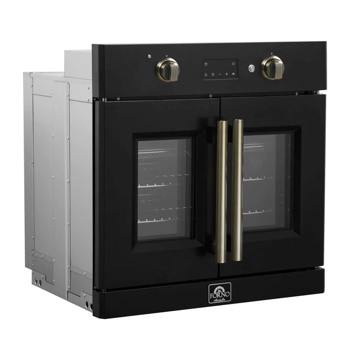 Forno Asti 30"French Door Electric Wall Oven in Black with Antique Brass Trim, FBOEL1333-30BLK