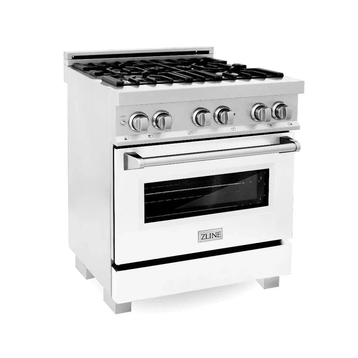 ZLINE 30" Dual Fuel Range, DuraSnow, Stainless, White Matte Door, Griddle RAS-WM-GR-30