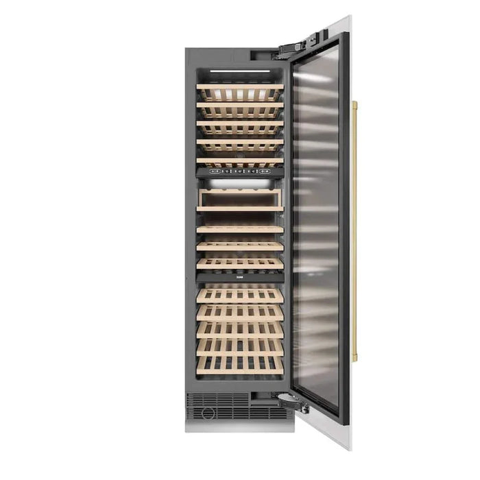 ZLINE 24"Triple Zone 100 Bottle Column Wine Cooler, White Matte Stainless Steel Champagne Bronze RCWVZ-WM-24-CB