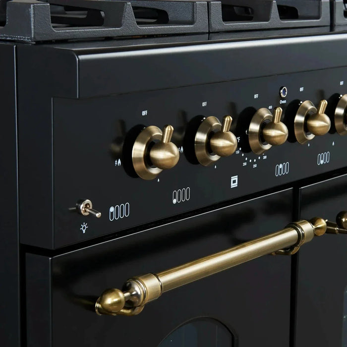Forno Antico 48"Dual Range, 8 Gas Burner Cooktop, Electric Convection Oven Black, Antique Brass Trim, FFSGS6113-48BLK