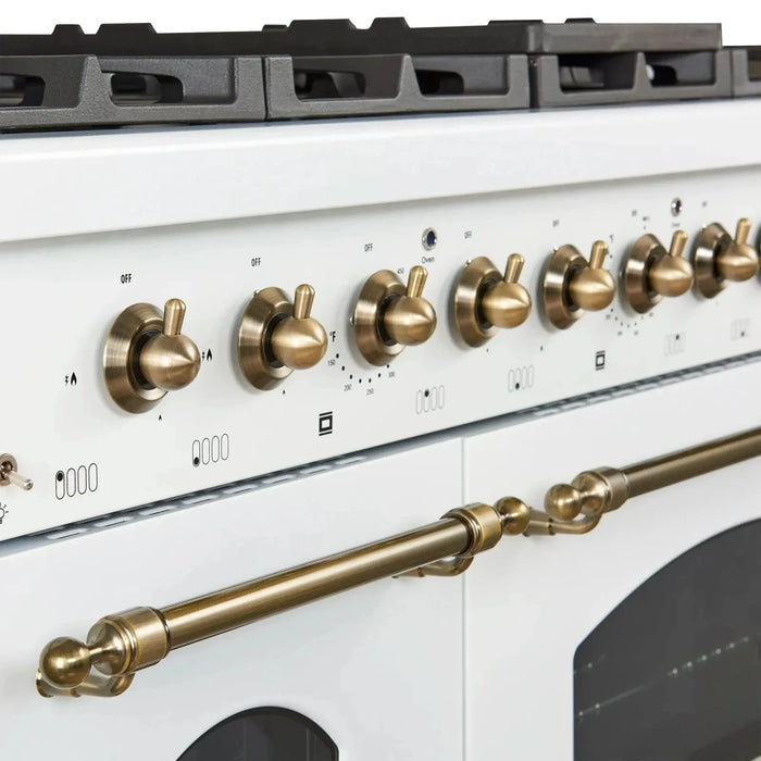Forno Antico 48"Dual Range, 8 Gas Burner Cooktop, Electric Convection Oven White, Antique Brass Trim, FFSGS6113-48WHT
