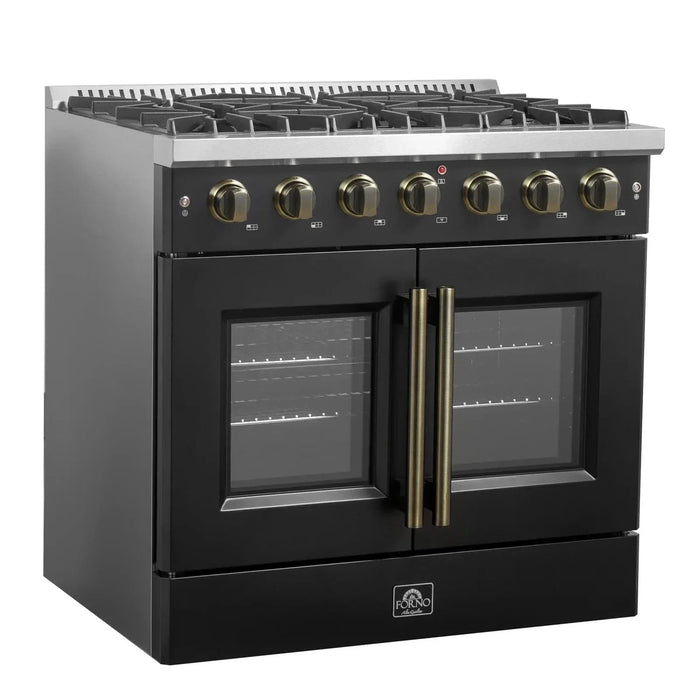 Forno Galiano 36." French Door All Gas Range, Black, Antique Brass Trim,FFSGS6444-36BLK
