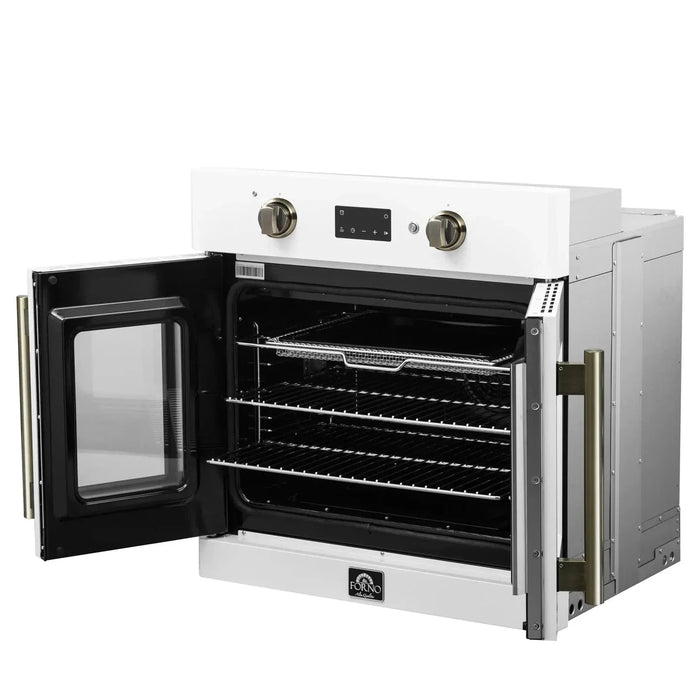 Forno Asti 30"French Door Electric Wall Oven in White with Antique Brass Trim, FBOEL1333-30WHT
